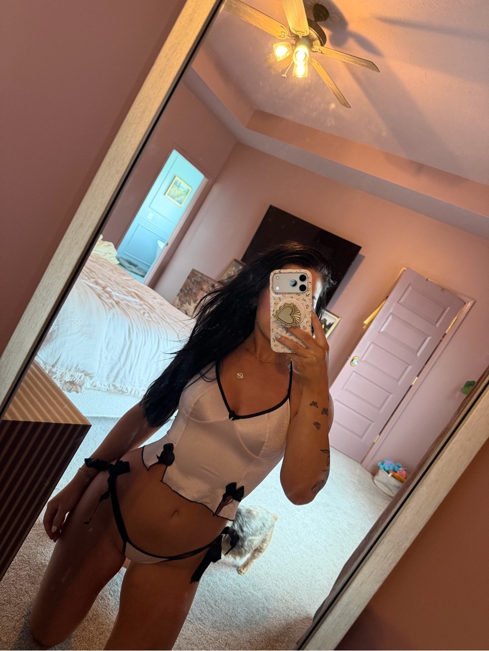 Sheer pink and Black Trim Lingerie Set